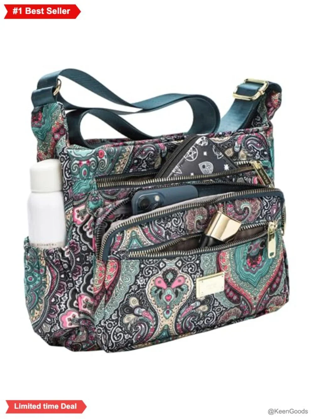 Pealwel Nylon Crossbody Shoulder Satchel Tote Handbag 10 Pockets